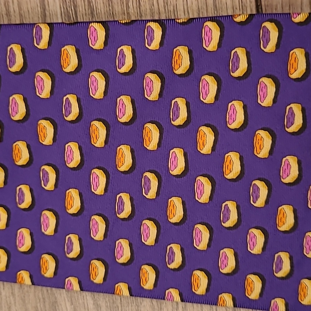 SINE DIE Purple Blue Whimsical Jelly Pastries Pattern Mens Silk Tie - Picture 4 of 6